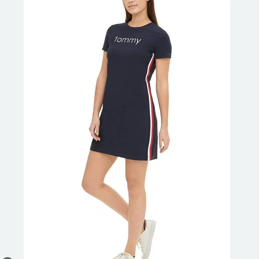 Tommy Hilfiger Cotton Navy T-Shirt Dress Embroidered Tommy Logo Stripes SZ M